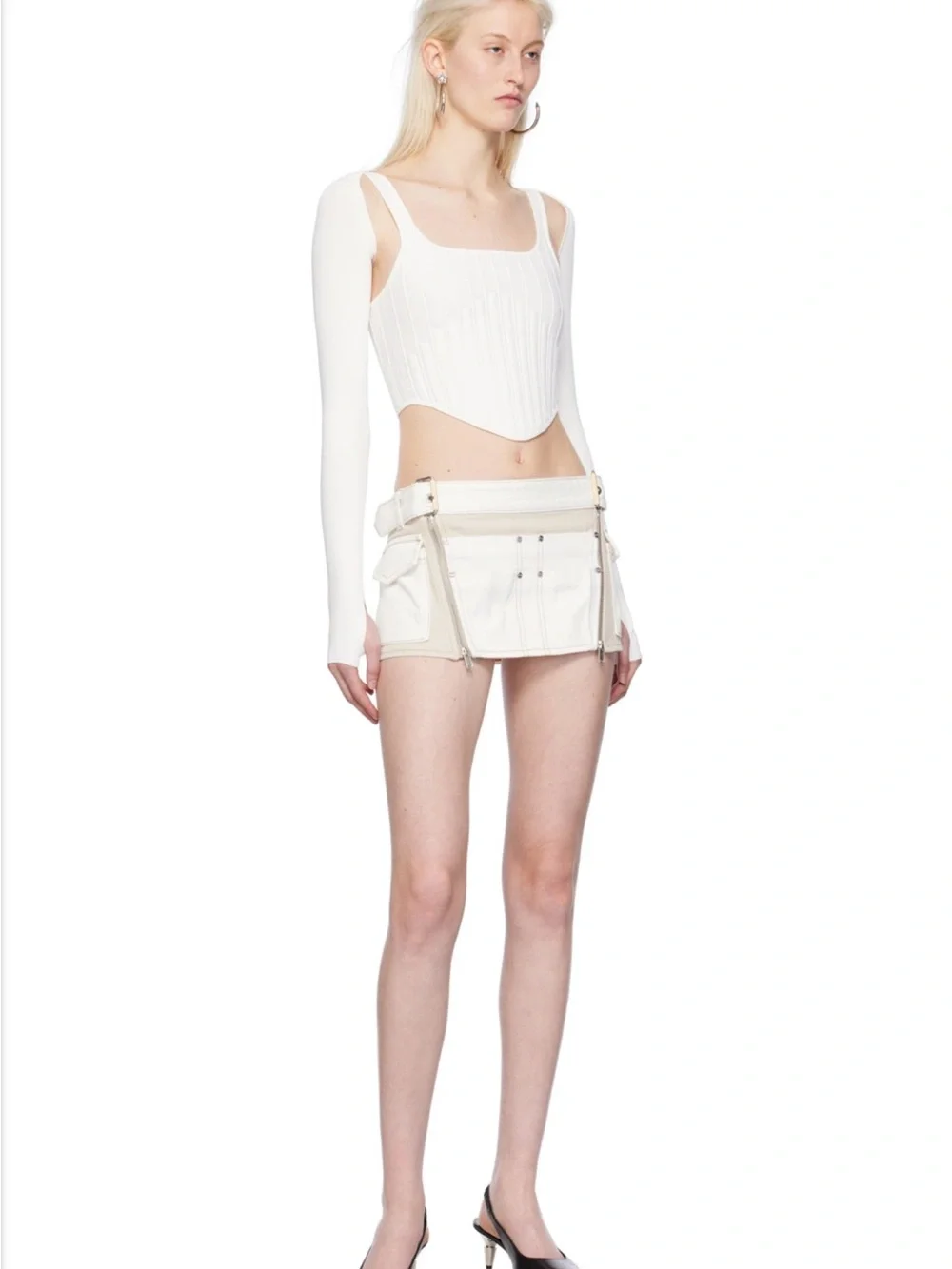 DION LEE | Beige & White Denim Mini Skirt | Size 4
